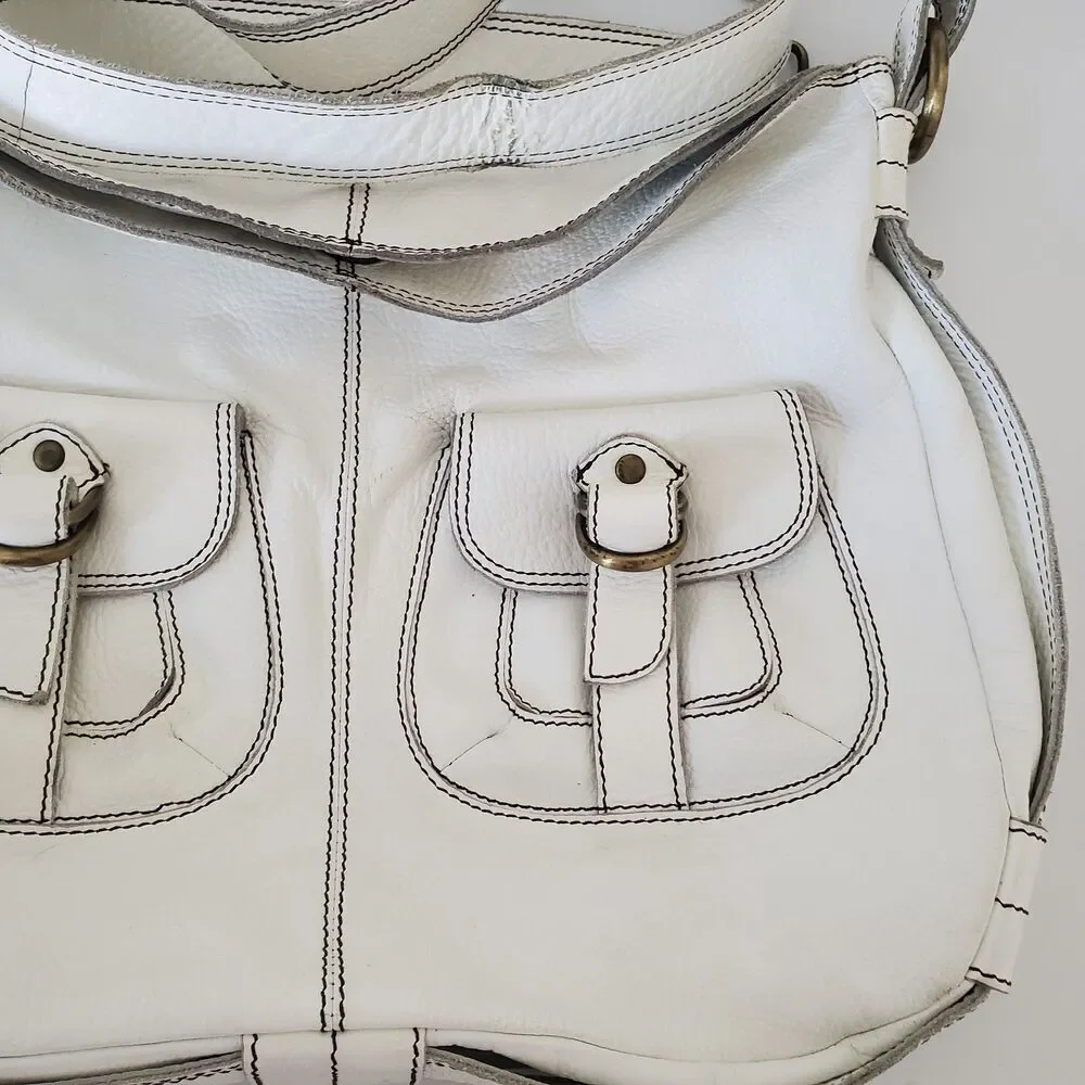 Oushka Vintage White Leather Shoulder Bag Hobo Purse w/ Front Pockets Crossbody